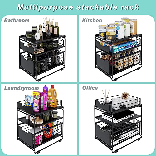 GCWPINFO Pull Out Cabinet Organizer,2-Tier Sliding Drawers Basket Under Cabinet Storage, Multi-Purpose Under Cabinet Organizer with Sliding Drawers Basket,for Kitchen, Bathroom, Office and More.