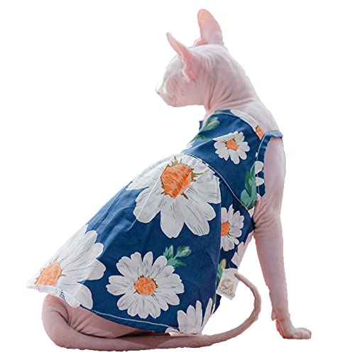 Sphynx Cat Summer Clothes for Cats Only Soft Cotton Vest Breathable Printing Kitten Shirts for Sphynx, Cornish Rex, Devon Rex, Peterbald (M (4.9-7.3lbs), Blue Floral)