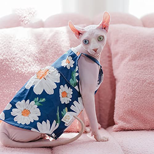 Sphynx Cat Summer Clothes for Cats Only Soft Cotton Vest Breathable Printing Kitten Shirts for Sphynx, Cornish Rex, Devon Rex, Peterbald (M (4.9-7.3lbs), Blue Floral)