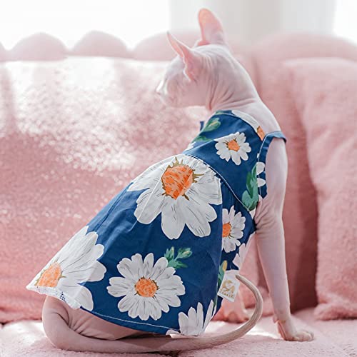 Sphynx Cat Summer Clothes for Cats Only Soft Cotton Vest Breathable Printing Kitten Shirts for Sphynx, Cornish Rex, Devon Rex, Peterbald (M (4.9-7.3lbs), Blue Floral)