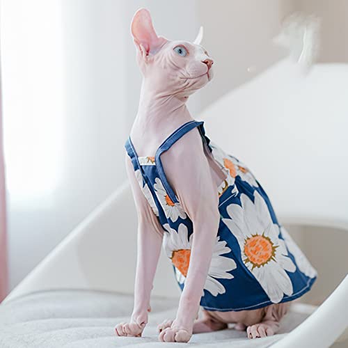 Sphynx Cat Summer Clothes for Cats Only Soft Cotton Vest Breathable Printing Kitten Shirts for Sphynx, Cornish Rex, Devon Rex, Peterbald (M (4.9-7.3lbs), Blue Floral)