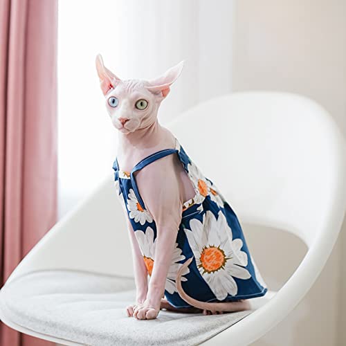 Sphynx Cat Summer Clothes for Cats Only Soft Cotton Vest Breathable Printing Kitten Shirts for Sphynx, Cornish Rex, Devon Rex, Peterbald (M (4.9-7.3lbs), Blue Floral)