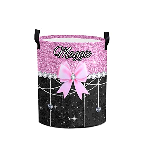 Glitter Print Pink Black Bow Personalized Waterproof Foldable Laundry Basket Bag with Handle, Custom Collapsible Clothes Hamper Storage Bin for Toys Laundry Dorm Travel Bathroom