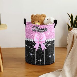 Glitter Print Pink Black Bow Personalized Waterproof Foldable Laundry Basket Bag with Handle, Custom Collapsible Clothes Hamper Storage Bin for Toys Laundry Dorm Travel Bathroom