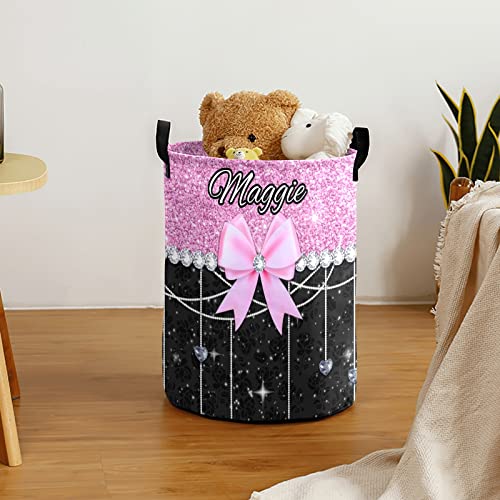 Glitter Print Pink Black Bow Personalized Waterproof Foldable Laundry Basket Bag with Handle, Custom Collapsible Clothes Hamper Storage Bin for Toys Laundry Dorm Travel Bathroom