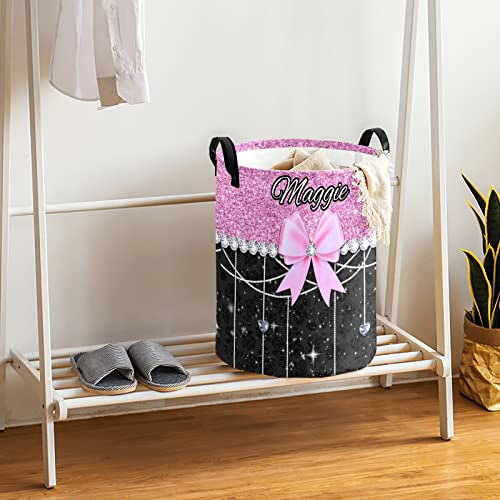 Glitter Print Pink Black Bow Personalized Waterproof Foldable Laundry Basket Bag with Handle, Custom Collapsible Clothes Hamper Storage Bin for Toys Laundry Dorm Travel Bathroom