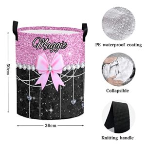 Glitter Print Pink Black Bow Personalized Waterproof Foldable Laundry Basket Bag with Handle, Custom Collapsible Clothes Hamper Storage Bin for Toys Laundry Dorm Travel Bathroom