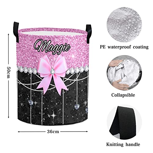 Glitter Print Pink Black Bow Personalized Waterproof Foldable Laundry Basket Bag with Handle, Custom Collapsible Clothes Hamper Storage Bin for Toys Laundry Dorm Travel Bathroom