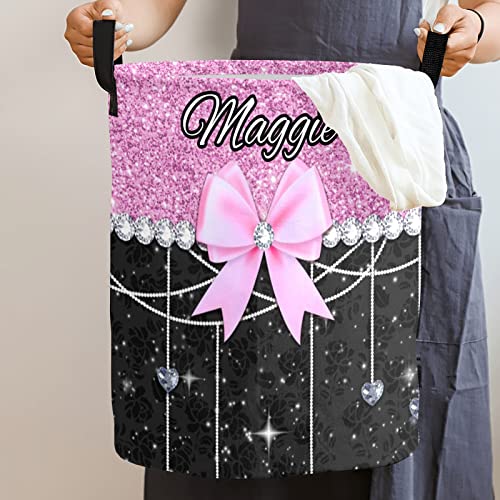 Glitter Print Pink Black Bow Personalized Waterproof Foldable Laundry Basket Bag with Handle, Custom Collapsible Clothes Hamper Storage Bin for Toys Laundry Dorm Travel Bathroom