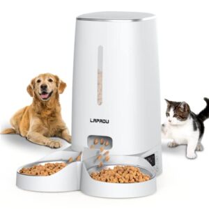 lapadu automatic cat feeder, automatic pet feeder for two cats dogs, 4l dry food dispenser with splitter and two stainless bowls,6 meal portion control and timer setting, 60 portions 6 meals per day