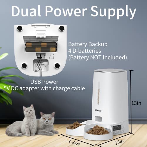 LAPADU Automatic Cat Feeder, Automatic Pet Feeder for Two Cats Dogs, 4L Dry Food Dispenser with Splitter and Two Stainless Bowls,6 Meal Portion Control and Timer Setting, 60 Portions 6 Meals Per Day