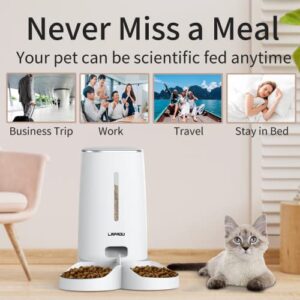 LAPADU Automatic Cat Feeder, Automatic Pet Feeder for Two Cats Dogs, 4L Dry Food Dispenser with Splitter and Two Stainless Bowls,6 Meal Portion Control and Timer Setting, 60 Portions 6 Meals Per Day