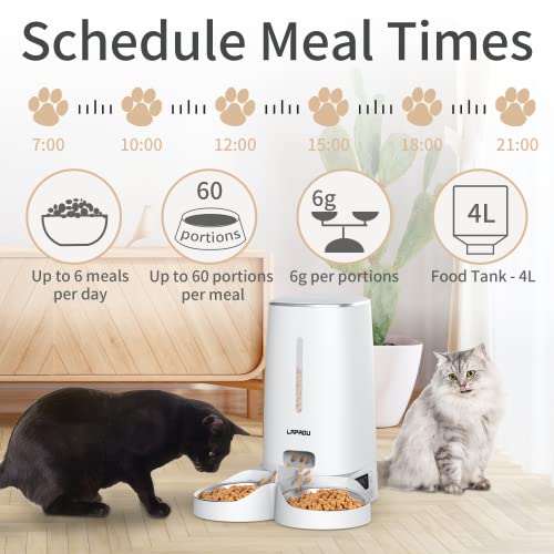 LAPADU Automatic Cat Feeder, Automatic Pet Feeder for Two Cats Dogs, 4L Dry Food Dispenser with Splitter and Two Stainless Bowls,6 Meal Portion Control and Timer Setting, 60 Portions 6 Meals Per Day