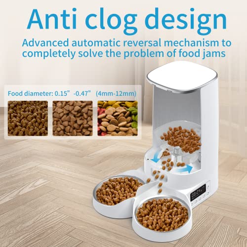 LAPADU Automatic Cat Feeder, Automatic Pet Feeder for Two Cats Dogs, 4L Dry Food Dispenser with Splitter and Two Stainless Bowls,6 Meal Portion Control and Timer Setting, 60 Portions 6 Meals Per Day