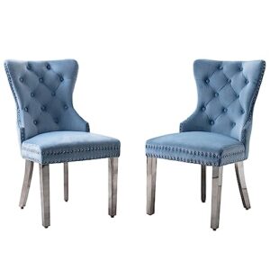restworld velvet dining chairs set of 2,upholstered tufted back nail trim accent chair with stainless steel legs,blue