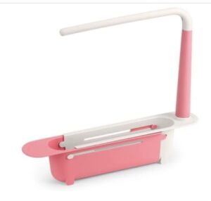 adjustable telescopic sink storage organizer rack sponge soap drain basket expandable organizer for home kitchen with dish cloth hanger (pink)