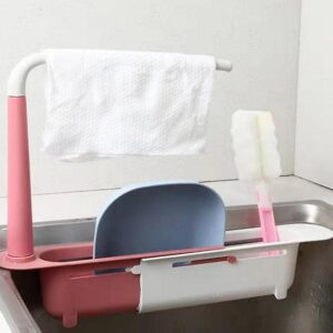 Adjustable Telescopic Sink Storage Organizer Rack Sponge Soap Drain Basket Expandable Organizer for Home Kitchen with Dish Cloth Hanger (Pink)