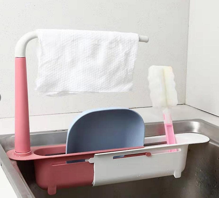 Adjustable Telescopic Sink Storage Organizer Rack Sponge Soap Drain Basket Expandable Organizer for Home Kitchen with Dish Cloth Hanger (Pink)