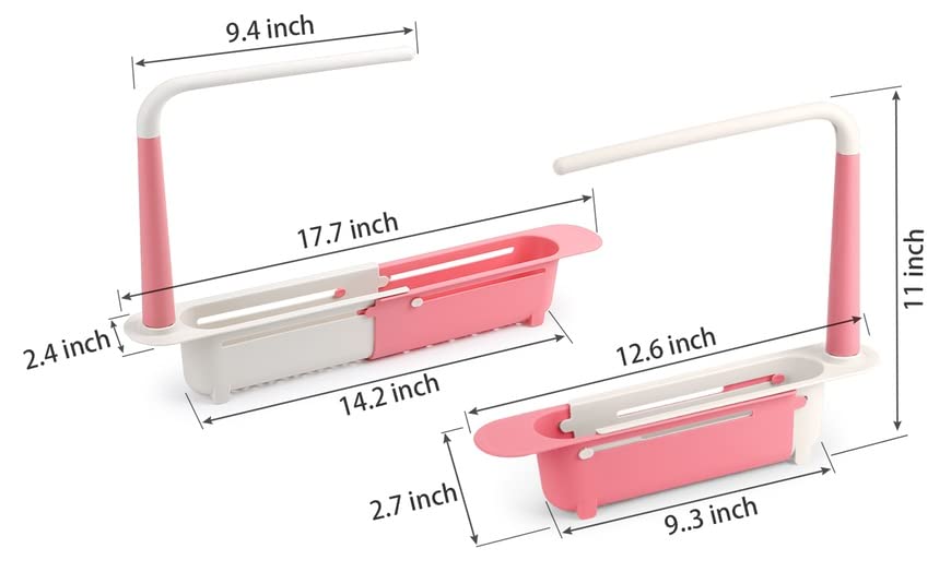 Adjustable Telescopic Sink Storage Organizer Rack Sponge Soap Drain Basket Expandable Organizer for Home Kitchen with Dish Cloth Hanger (Pink)