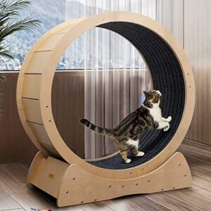 coziwow cat exercise wheel, large cat treadmill with carpeted runway, kitty cat sport toy, fitness weight loss device for all-sized cats, natural wood color