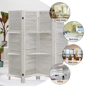 Babion Room Divider with Shelves, Wooden Room Divider Wall, 4 Panel Folding Privacy Screens, Freestanding Room Partition for Office Kitchen Bedroom Balcony (Pure White)