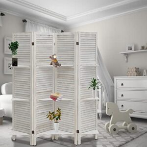 Babion Room Divider with Shelves, Wooden Room Divider Wall, 4 Panel Folding Privacy Screens, Freestanding Room Partition for Office Kitchen Bedroom Balcony (Pure White)