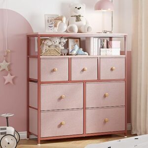 enhomee pink dresser, dresser for bedroom with 7 drawers, chests of drawers & fabric dresser for girls bedroom with wood top and metal frame, nursery dresser for living room, closet, entryway