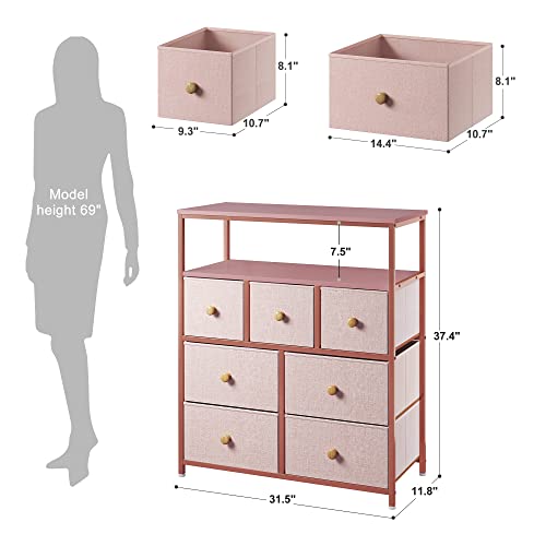 EnHomee Pink Dresser, Dresser for Bedroom with 7 Drawers, Chests of Drawers & Fabric Dresser for Girls Bedroom with Wood Top and Metal Frame, Nursery Dresser for Living Room, Closet, Entryway