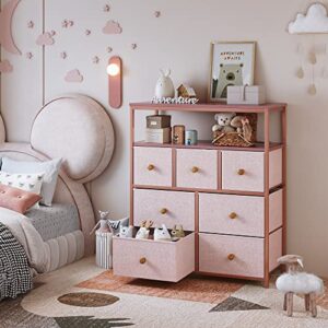 EnHomee Pink Dresser, Dresser for Bedroom with 7 Drawers, Chests of Drawers & Fabric Dresser for Girls Bedroom with Wood Top and Metal Frame, Nursery Dresser for Living Room, Closet, Entryway