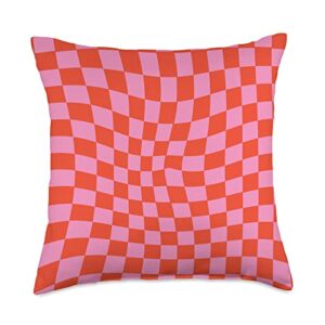 cool checkered designs by lou classic checker checkerboard wavy pink red throw pillow, 18x18, multicolor