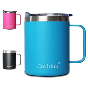 credrink 15 oz insulated coffee mug，handle cup with sliding lid,，stainless steel aqua bottle，double wall vacuum insulated trave mug, keep warm for 6 hours, refrigerate for 12 hours(blue coffee mug)