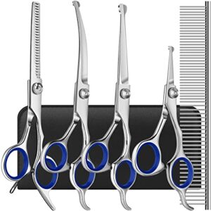 dog grooming scissors kit with safety round tips, 4cr stainless steel professional 6 in 1 grooming scissors for dogs, heavy duty titanium coated sharp & durable dog thinning shears for pets, blue