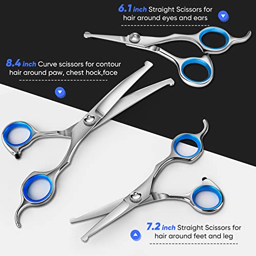 Dog Grooming Scissors Kit with Safety Round Tips, 4CR Stainless Steel Professional 6 in 1 Grooming Scissors for Dogs, Heavy Duty Titanium Coated Sharp & Durable Dog Thinning Shears For Pets, Blue