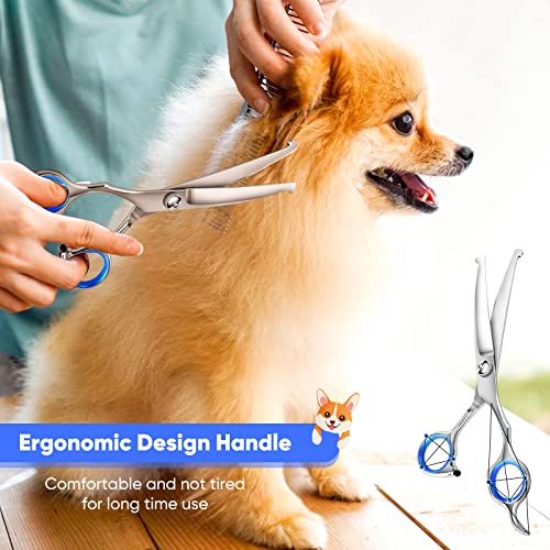 Dog Grooming Scissors Kit with Safety Round Tips, 4CR Stainless Steel Professional 6 in 1 Grooming Scissors for Dogs, Heavy Duty Titanium Coated Sharp & Durable Dog Thinning Shears For Pets, Blue