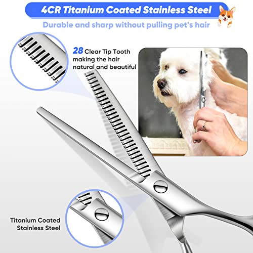 Dog Grooming Scissors Kit with Safety Round Tips, 4CR Stainless Steel Professional 6 in 1 Grooming Scissors for Dogs, Heavy Duty Titanium Coated Sharp & Durable Dog Thinning Shears For Pets, Blue