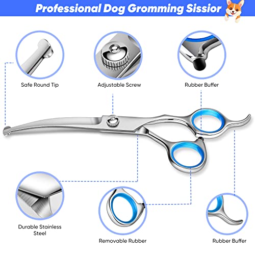 Dog Grooming Scissors Kit with Safety Round Tips, 4CR Stainless Steel Professional 6 in 1 Grooming Scissors for Dogs, Heavy Duty Titanium Coated Sharp & Durable Dog Thinning Shears For Pets, Blue