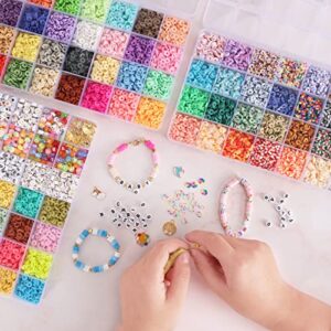 QUEFE 10800pcs Clay Beads Kit for Bracelet Making 72 Colors Flat Round Polymer Clay Beads Spacer Heishi Beads Jewelry Making with Pendant Charms Kit Letter Beads Elastic Strings