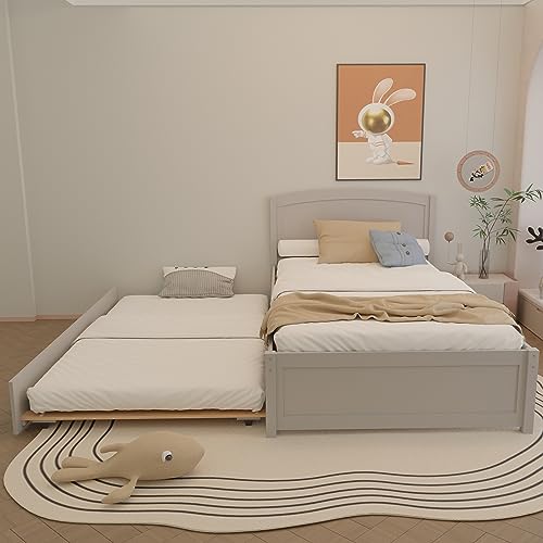 Xilingol Trundle Bed Twin, Solid Wood Bed Frames with Headboard and Wooden Slats Support, Twin Trundle Bed Frame Roll Out, Single Box Bed (No Box Spring Needed), Grey