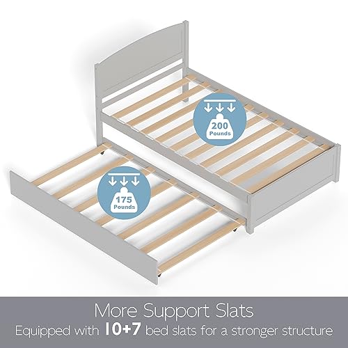 Xilingol Trundle Bed Twin, Solid Wood Bed Frames with Headboard and Wooden Slats Support, Twin Trundle Bed Frame Roll Out, Single Box Bed (No Box Spring Needed), Grey