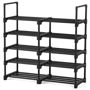 smyouqe 5 tier shoe rack for closet, 20 pairs sturdy metal shoe shelf storage organizer, small space wide adjustable tall low stackable, shoe rack for closet entryway floor 36 inch wide, black
