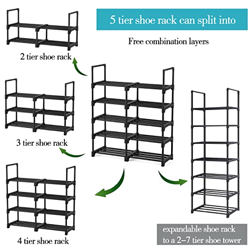 SMYOUQE 5 Tier Shoe Rack For Closet, 20 Pairs Sturdy Metal Shoe Shelf Storage Organizer, Small Space Wide Adjustable Tall Low Stackable, Shoe Rack For Closet Entryway Floor 36 Inch Wide, Black