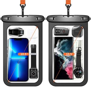 lanhiem 10.5" large waterproof phone pouch, 2 pack universal ipx8 waterproof dry bag with lanyard for iphone 14/13/12 pro max, samsung galaxy s23 ultra, s22 s21 s20 fe, google pixel 7 6a, black+black