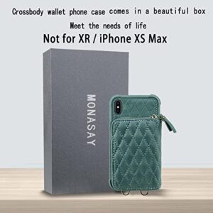 MONASAY Zipper Wallet Case for iPhone X/XS,[Glass Screen Protector ][RFID Blocking] Flip Leather Handbag Phone Cover with Card Holder & Detachable Crossbody Shoulder Lanyard Strap, Light Green