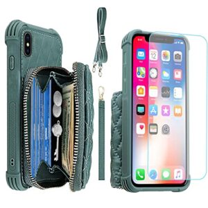 monasay zipper wallet case for iphone x/xs,[glass screen protector ][rfid blocking] flip leather handbag phone cover with card holder & detachable crossbody shoulder lanyard strap, light green