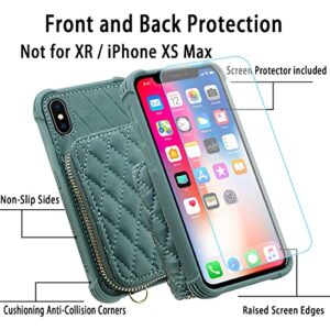 MONASAY Zipper Wallet Case for iPhone X/XS,[Glass Screen Protector ][RFID Blocking] Flip Leather Handbag Phone Cover with Card Holder & Detachable Crossbody Shoulder Lanyard Strap, Light Green