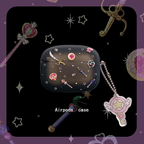 Soft TPU Case with Beads Chain Charm for Apple AirPods Pro AirPodsPro 2019 Generation Sakura Crystal Magical Wand Black Color Japanese Cartoon Anime Cute Lovely Adorable Girls Kids Women