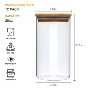 20 OZ/600ml Glass Airtight Food Storage Containers,Spice Jar with Bamboo Airtight Lids，Pack of 12 Clear Glass Food Storage Jars Containers for Candy, Cookie,Coffee