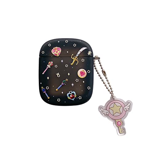 Soft TPU Case with Charm for Apple AirPods 1 2 1st 2nd Generation Sailor Crystal Magical Wand Black Color Japanese Cartoon Anime Cute Lovely Adorable Girls Kids Women