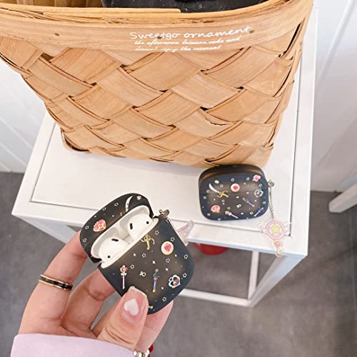 Soft TPU Case with Charm for Apple AirPods 1 2 1st 2nd Generation Sailor Crystal Magical Wand Black Color Japanese Cartoon Anime Cute Lovely Adorable Girls Kids Women