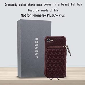 MONASAY Zipper Wallet Case for iPhone SE 2022/2020/8/7,[Glass Screen Protector ][RFID Blocking] Flip Leather Handbag Phone Cover with Card Holder & Crossbody Lanyard Strap, Burgundy